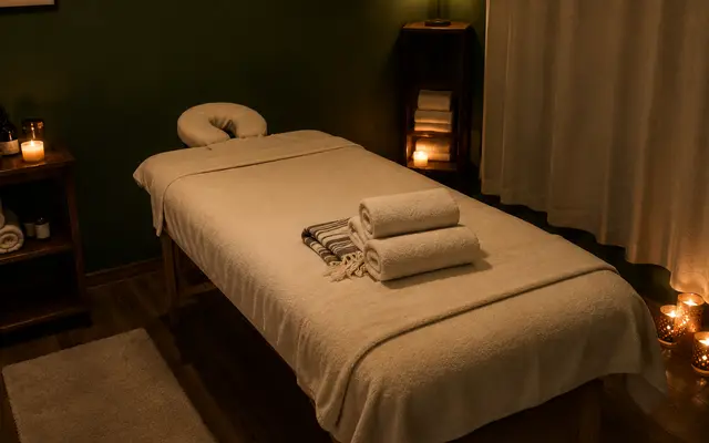 Rulo havlularla hazırlanmış masaj masası, loş ışıklı oda — Küçükçekmece, Masaj Salonun