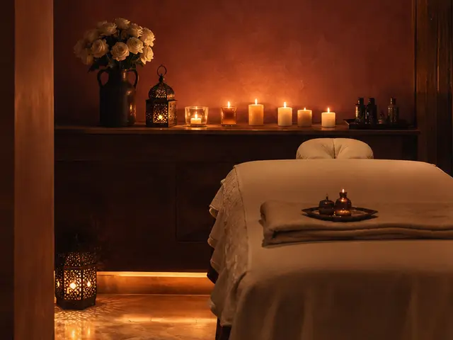Mumlarla aydınlatılmış, kırmızı duvarlı masaj odası — Küçükçekmece, Masaj Salonun