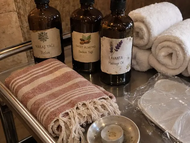 Masaj yağı şişeleri, rulo havlular ve pembe peştemal — Küçükçekmece, Masaj Salonun